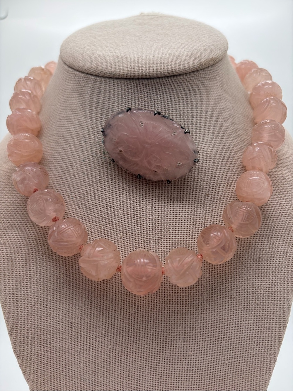 Antique carved rose quartz gf necklace and carved brooch